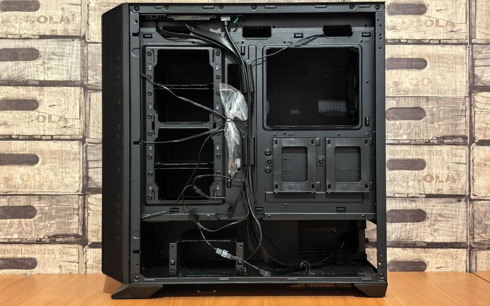 Open desktop computer case on a workbench