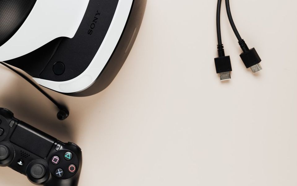 VR headset next to game controllers